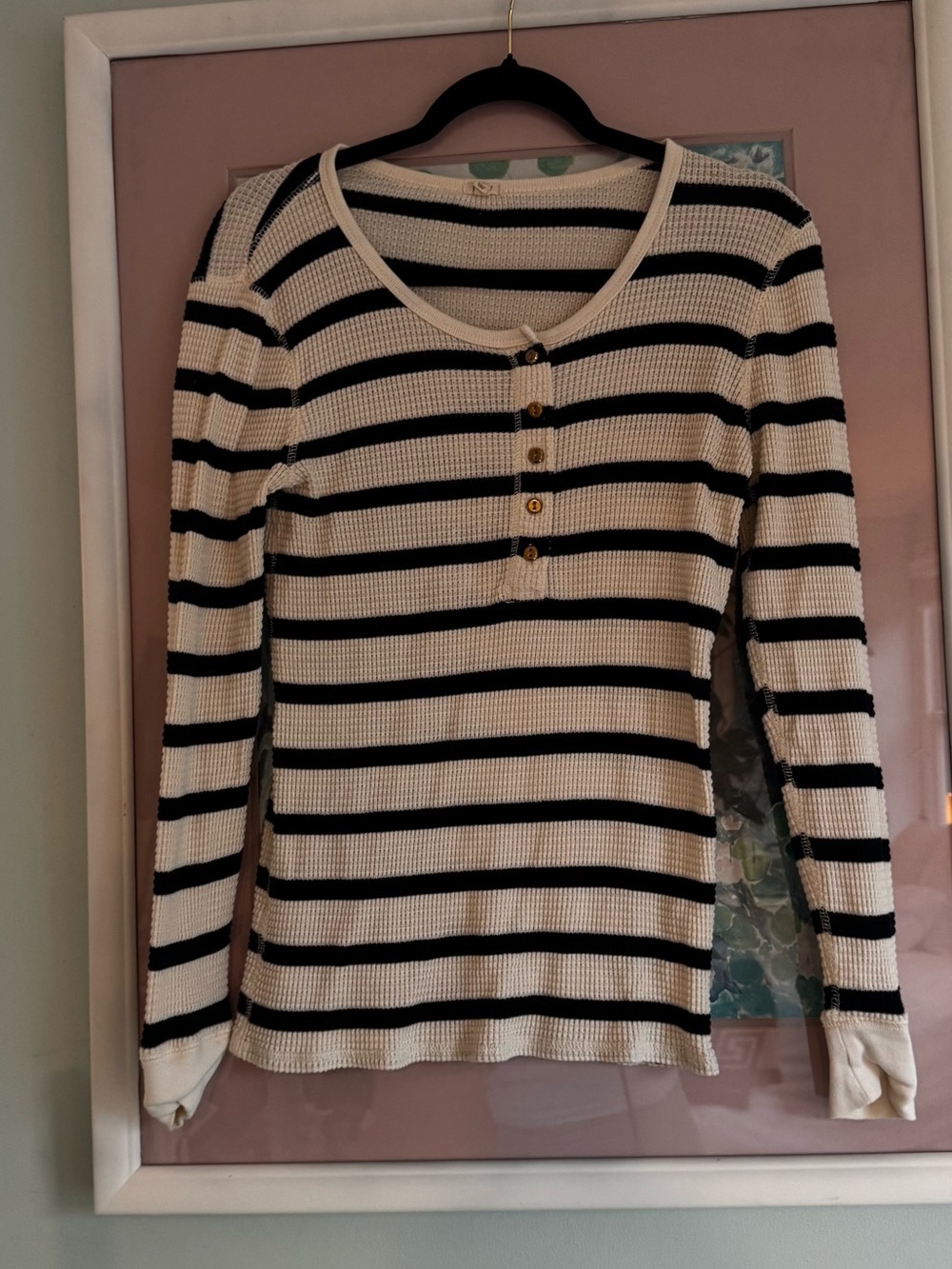 Striped Long Sleeve Knit Henley Top - Cream & Black